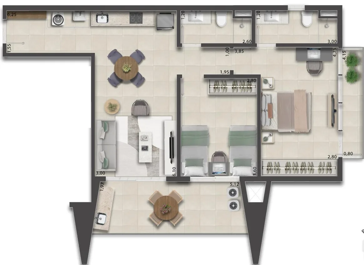 Planta do apartamento de 2 quartos do First Humaitá, com até 79,85 m² e varanda