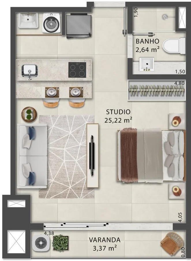 Planta do Studio 05 do First Humaitá, com 34,90 m², varanda e vista para o Corcovado