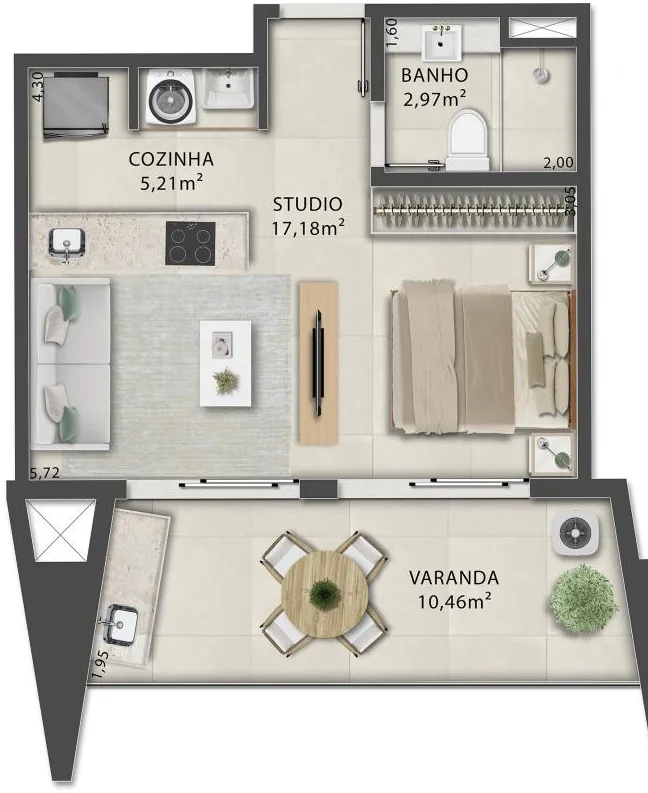 Planta do Studio 07 do First Humaitá, com 40,82 m² e varanda de 10,46 m²